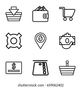 Commerce icons set. set of 9 commerce outline icons such as shopping cart, shopping basket, wallet, dollar location, dollar card, money in hand, illustrgeneric currencyation