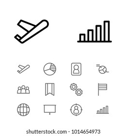 Commerce icons set with bar chart, globe and cogwheel elements. Set of commerce icons and banner concept. Editable vector elements for logo app UI design.