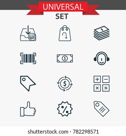 Commerce icons set with buck, dollar banknote, recommended and other price stamp elements. Isolated vector illustration commerce icons.