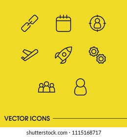 Commerce icons set with candidate, plane, rocket elements. Set of commerce icons and gear concept. Editable vector elements for logo app UI design.