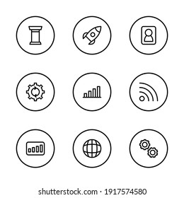 Commerce icons set with cathedral, bar chart and progress elements. Set of commerce icons and shuttle concept. Editable vector elements for logo app UI design.