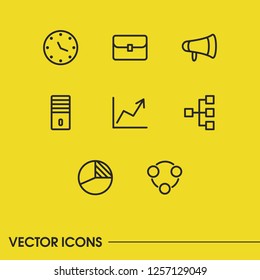 Commerce icons set with chart, clock and processor elements. Set of commerce icons and diagram concept. Editable vector elements for logo app UI design.