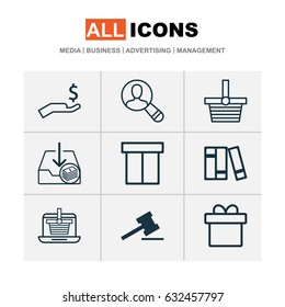 Commerce Icons Set. Collection Of Bookshelf, Present, Spectator And Other Elements. Also Includes Symbols Such As Box, Rich, Auction.