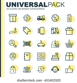 Commerce Icons Set. Collection Of Bookshelf, Finance, Rebate Sign And Other Elements. Also Includes Symbols Such As Shipping, Notepad, Identification.