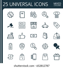 Conjunto de iconos de comercio. Colección De Buck, Callcentre, Cuaderno Espiral Y Otros Elementos. También Incluye Símbolos Como Peg, Teléfono, Regalo.