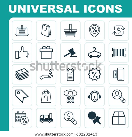 Commerce Icons Set. Collection Of Cardboard, Identification Code, Gavel And Other Elements. Also Includes Symbols Such As Payment, Gift, Price.