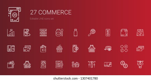 commerce icons set. Collection of commerce with credit card, vector, mall, online shop, coin, e commerce, wallet, cart, upermarket, online payment. Editable and scalable icons.