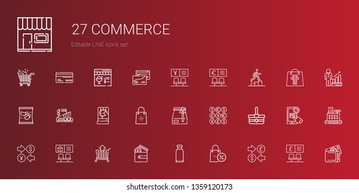 commerce icons set. Collection of commerce with currency, promotions, products, wallet, cart, bank, basket, coins, paper bag, shopping bag. Editable and scalable commerce icons.