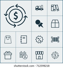 Commerce Icons Set. Collection Of Delivery, Cardboard, Spiral Notebook And Other Elements. Also Includes Symbols Such As Barcode, Identification, Store.