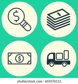 Commerce Icons Set. Collection Of Dollar Banknote, Business Inspection, Delivery And Other Elements. Also Includes Symbols Such As Research, Finance, Buck.