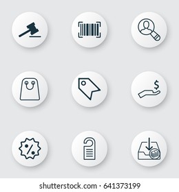 Commerce Icons Set. Collection Of Gavel, Price, Tote Bag And Other Elements. Also Includes Symbols Such As Wealth, Sale, Rich.