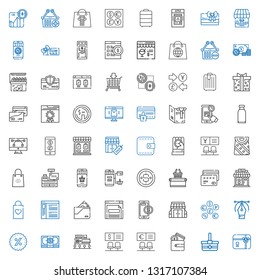 commerce icons set. Collection of commerce with gift card, basket, wallet, bank, mall, money, promotions, vector, coins, stores, online payment. Editable and scalable commerce icons.