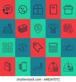 Commerce Icons Set. Collection Of Handbag, Recurring Payements, Outgoing Earnings Elements. Also Includes Symbols Such As Cash, Rebate, Calculator.