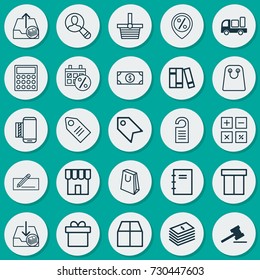 Commerce Icons Set. Collection Of Handbag, Spiral Notebook, Pannier Elements. Also Includes Symbols Such As Tag, Calculator, Telephone.