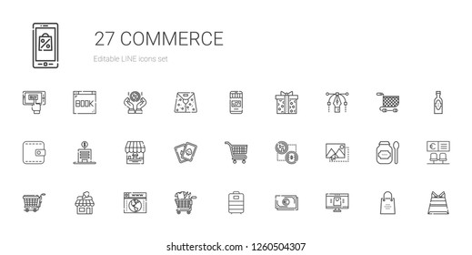 commerce icons set. Collection of commerce with online shop, cash, trolley, shopping cart, browser, shop, image, bitcoin, carts, cards, bank. Editable and scalable commerce icons.