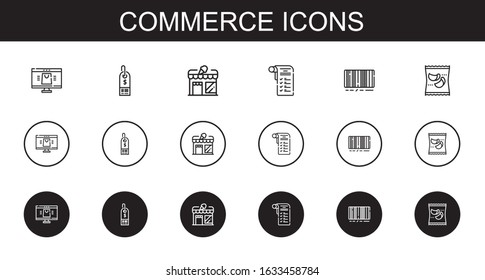 commerce icons set. Collection of commerce with online shop, supermarket, store, shopping list, barcode, products. Editable and scalable commerce icons.