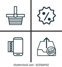 Commerce Icons Set. Collection Of Outgoing Earnings, Rebate Sign, Mobile Service And Other Elements. Also Includes Symbols Such As Upload, Box, Discount.