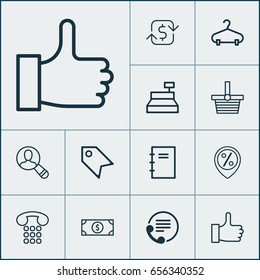 Commerce Icons Set. Collection Of Pannier, Callcentre, Spiral Notebook And Other Elements. Also Includes Symbols Such As Contact, Notebook, Buck.