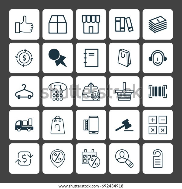 Commerce Icons Set. Collection Of Spiral Notebook,\
Employee, Cardboard And Other Elements. Also Includes Symbols Such\
As Money, Hanger,\
Store.