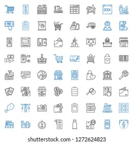 commerce icons set. Collection of commerce with vector, mobile shopping, bitcoin, products, shopping list, discount, mall, coins, cashier. Editable and scalable commerce icons.