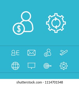 Commerce icons set with globe, goal and process elements. Set of commerce icons and presentation concept. Editable vector elements for logo app UI design.