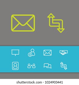 Commerce icons set with handshake, cv, collaboration elements. Set of commerce icons and resume concept. Editable vector elements for logo app UI design.