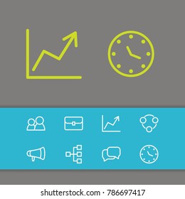 Commerce icons set with hierarchy, clock and bullhorn elements. Set of commerce icons and watch concept. Editable vector elements for logo app UI design.