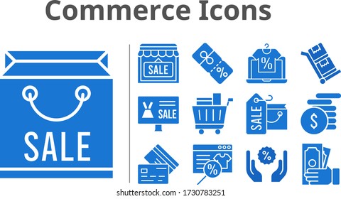 commerce icons set. included online shop, shopping bag, shop, money, shopping cart, discount, credit card, trolley icons. filled styles.