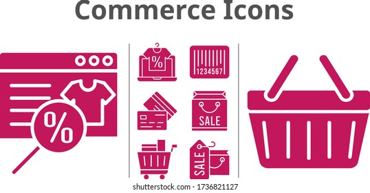 commerce icons set. included online shop, shopping bag, shopping cart, shopping-basket, credit card, barcode icons. filled styles.