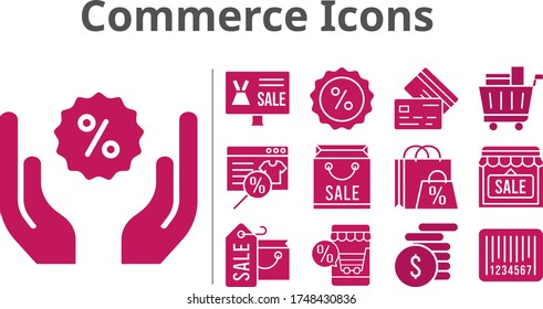 commerce icons set. included online shop, shopping bag, shop, money, shopping cart, discount, credit card, barcode icons. filled styles.