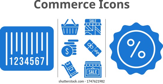 commerce icons set. included shop, money, discount, shopping-basket, barcode, trolley icons. filled styles.