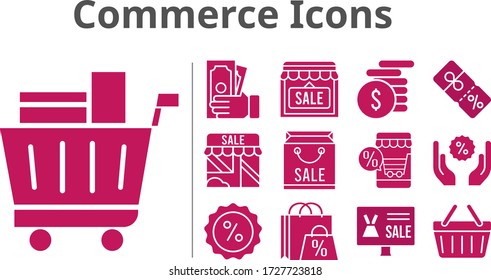 commerce icons set. included shopping bag, online shop, shop, money, shopping cart, discount, shopping-basket icons. filled styles.