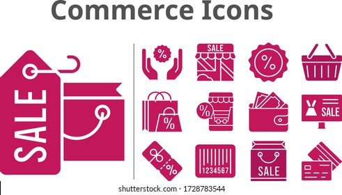 commerce icons set. included shopping bag, online shop, shop, wallet, discount, shopping-basket, credit card, barcode icons. filled styles.