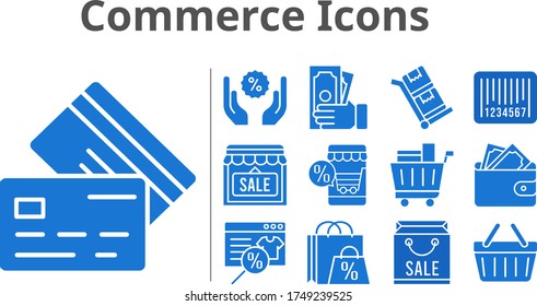 commerce icons set. included shopping bag, online shop, shop, wallet, money, shopping cart, discount, shopping-basket, credit card, barcode, trolley icons. filled styles.