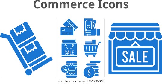 commerce icons set. included shopping bag, online shop, shop, money, shopping cart, credit card, trolley icons. filled styles.