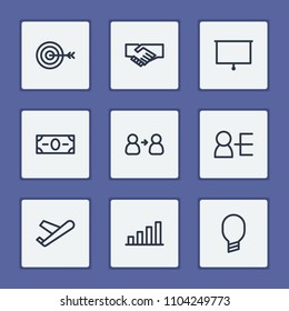Commerce icons set with lightbulb, whiteboard and bar chart elements. Set of commerce icons and bulb concept. Editable vector elements for logo app UI design.