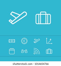 Commerce icons set with money, plane and wifi elements. Set of commerce icons and suitcase concept. Editable vector elements for logo app UI design.
