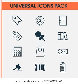 Commerce icons set with paper tag, microcomputer, badge and other discount coupon elements. Isolated vector illustration commerce icons.