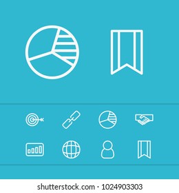Commerce icons set with pie chart, link and man elements. Set of commerce icons and dartboard concept. Editable vector elements for logo app UI design.