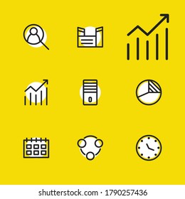 Iconos de comercio con gráficos circulares, elementos de fábrica y reloj. Conjunto de iconos comerciales y concepto de diagrama. Elementos vectoriales editables para el diseño de la interfaz de usuario de la aplicación del logotipo.