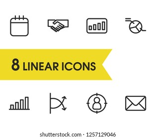 Commerce icons set with progress, calendar and mail elements. Set of commerce icons and bar chart concept. Editable vector elements for logo app UI design.