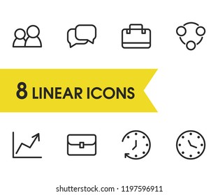 Commerce icons set with structure, timer and team elements. Set of commerce icons and portfolio concept. Editable vector elements for logo app UI design.