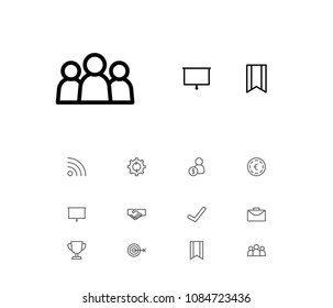 Commerce icons set with team, bookmark and check elements. Set of commerce icons and group concept. Editable vector elements for logo app UI design.