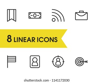 Commerce icons set with wifi, flag and goal elements. Set of commerce icons and wireless network concept. Editable vector elements for logo app UI design.