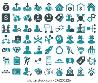 Commerce Icons. These flat bicolor icons use soft blue colors. Vector images are isolated on a white background.