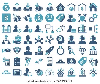 Commerce Icons. These flat bicolor icons use cyan and blue colors. Vector images are isolated on a white background.