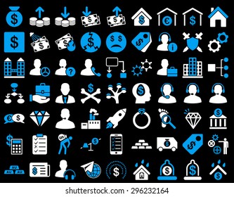 Commerce Icons. These flat bicolor icons use blue and white colors. Vector images are isolated on a black background.
