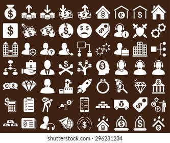 Commerce Icons. These flat icons use white color. Vector images are isolated on a brown background.