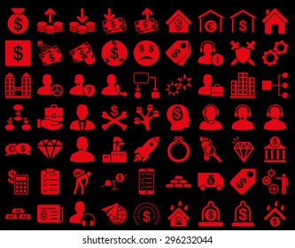 Commerce Icons. These flat icons use red color. Vector images are isolated on a black background.
