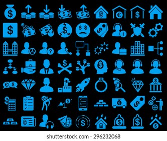 Commerce Icons. These flat icons use blue color. Vector images are isolated on a black background.